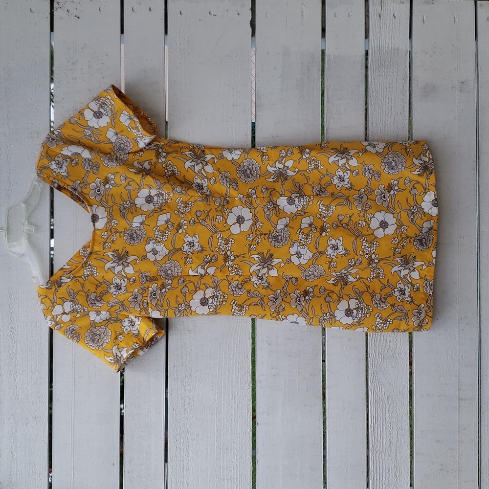 Hollister Floral Print Boho Short Sleeve Cross Back Mini Shirt Dress Size M Gold